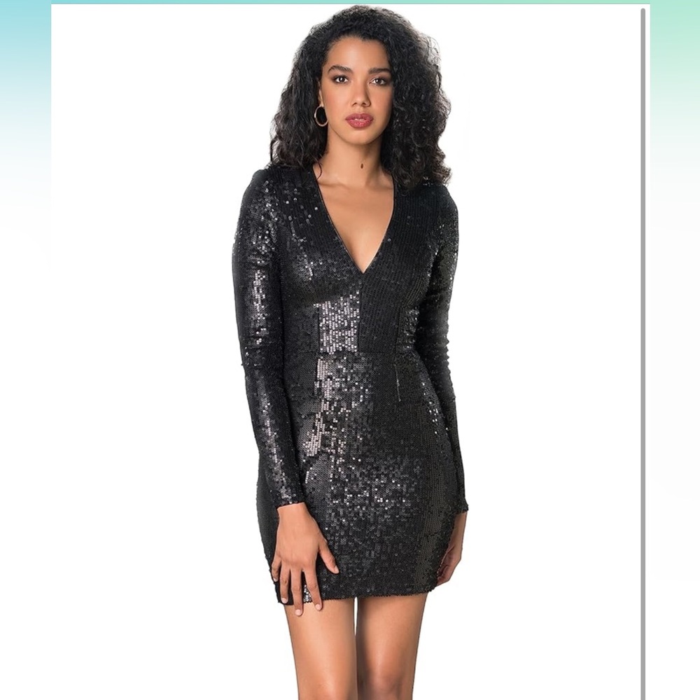 Worn once. Dress the Population black sequin deep v mini dress